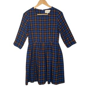 Ray Beams Plaid A-line Pleated Short Sleeve Dress Blue Size 1 Small check measur